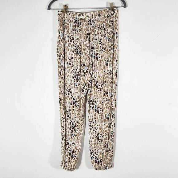 Olivaceous Cream Leopard Print Cropped Joggers with Raw Edge Accents Size Small