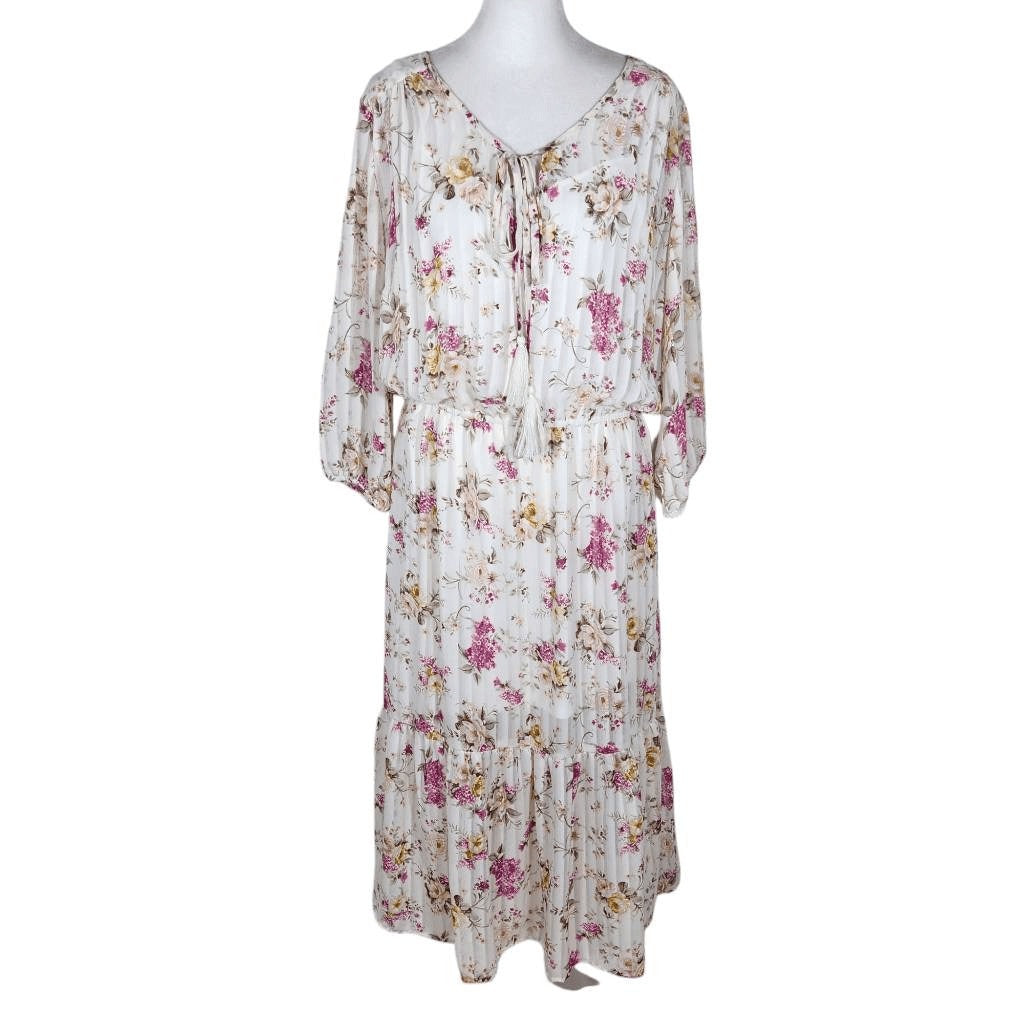 Indigo Rose White and Pink Floral Boho Midi Dress Size Large Wedding Guest Dress
