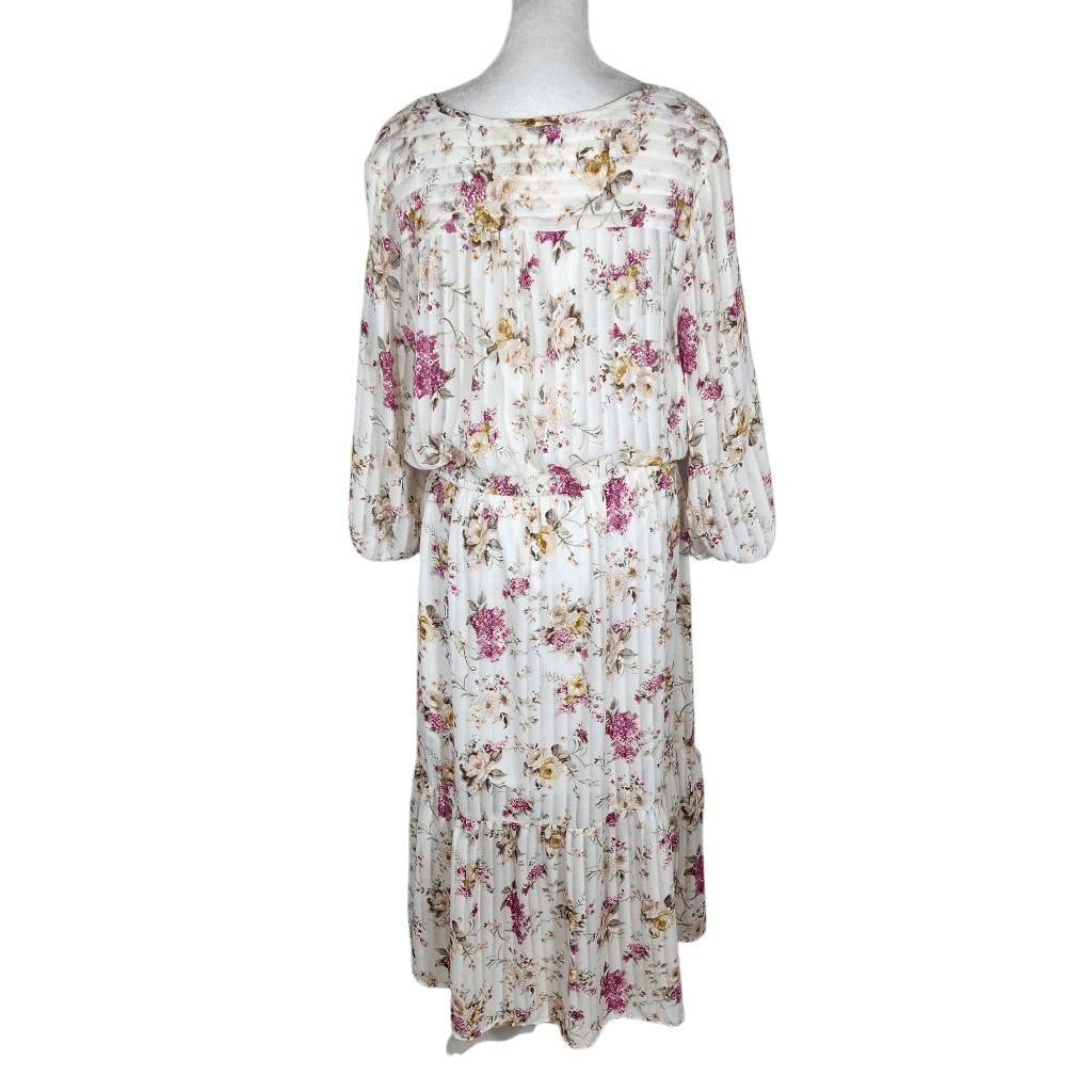 Indigo Rose White and Pink Floral Boho Midi Dress Size Large Wedding Guest Dress