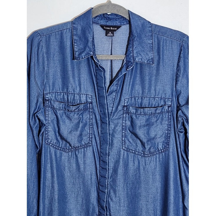 Terre Bleue Blue Chambray Button Down Tunic Size Small