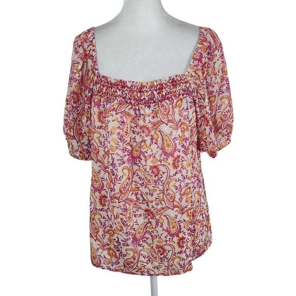 Les Serein Pink and Orange Paisley Smocked Top NWT Size Medium Flowy Paisley Top