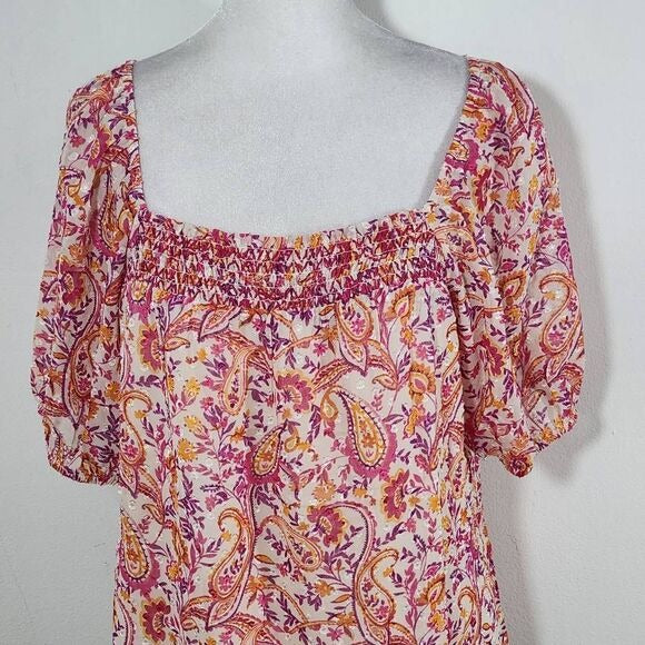 Les Serein Pink and Orange Paisley Smocked Top NWT Size Medium Flowy Paisley Top