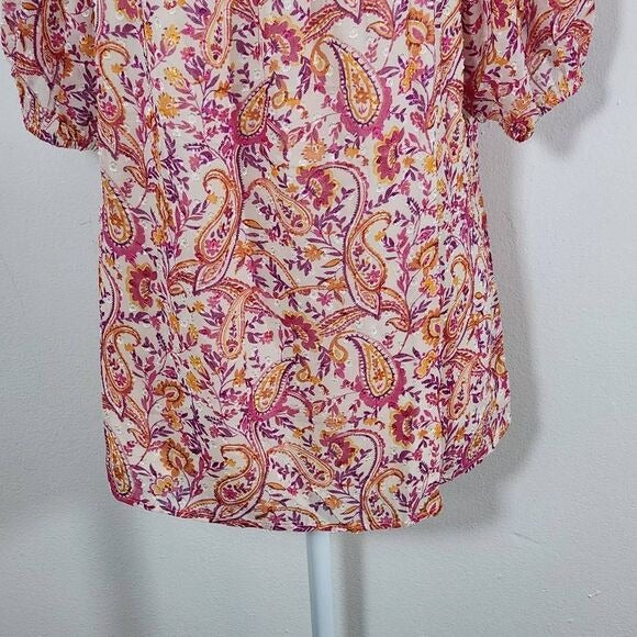 Les Serein Pink and Orange Paisley Smocked Top NWT Size Medium Flowy Paisley Top