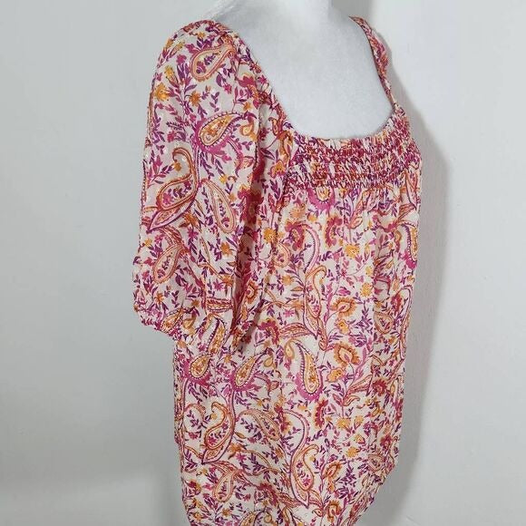 Les Serein Pink and Orange Paisley Smocked Top NWT Size Medium Flowy Paisley Top