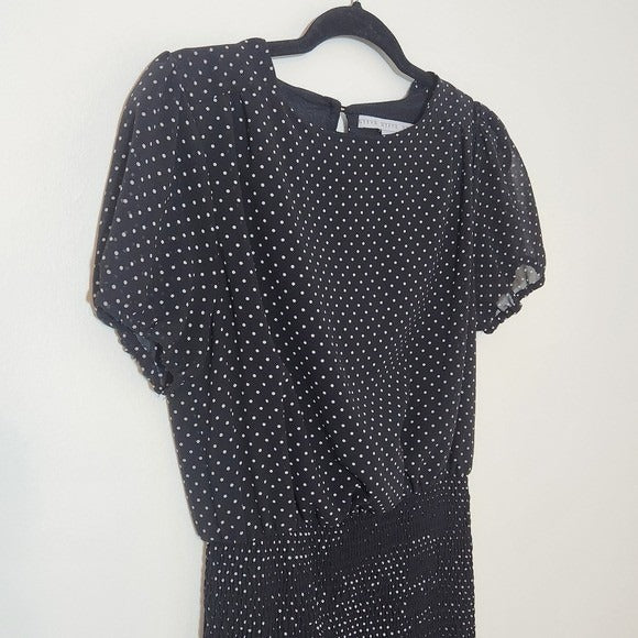 HYFVE Black Polka Dot Mini Dress with Fitted Smocked Skirt Size Medium