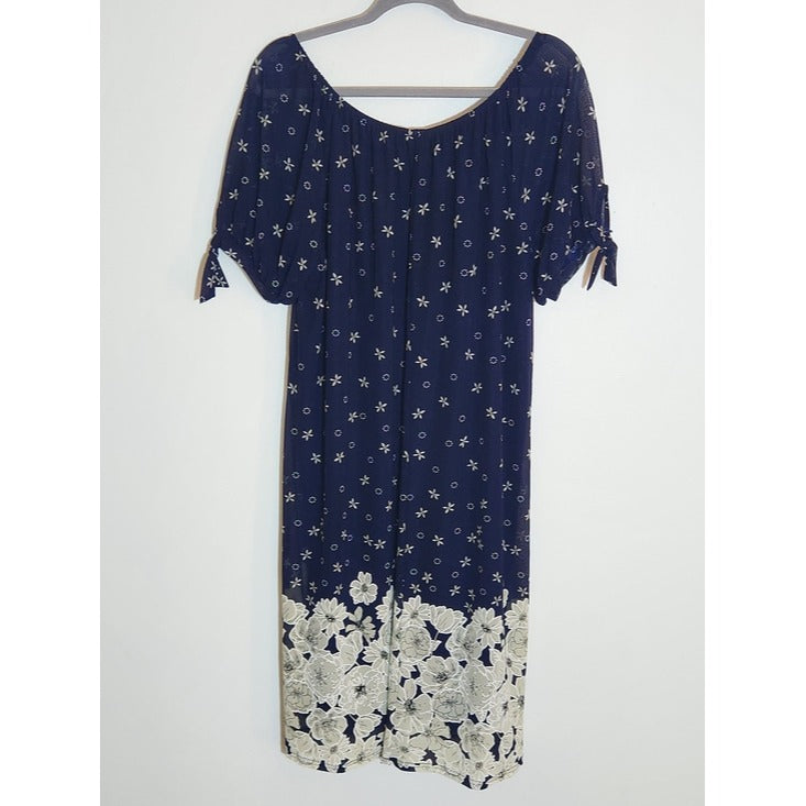 Siren Lily Knee Length Navy and Cream Floral Dress with Tie Sleeves Size 1X