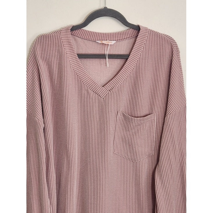 Kirundo Dusty Pink Ribbed Knit Oversized V-Neck Top Size XL