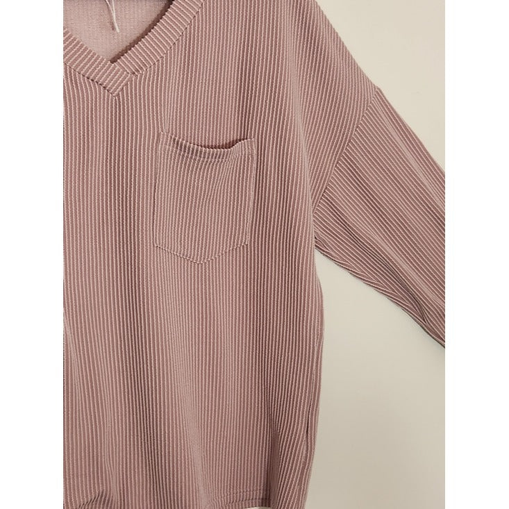 Kirundo Dusty Pink Ribbed Knit Oversized V-Neck Top Size XL