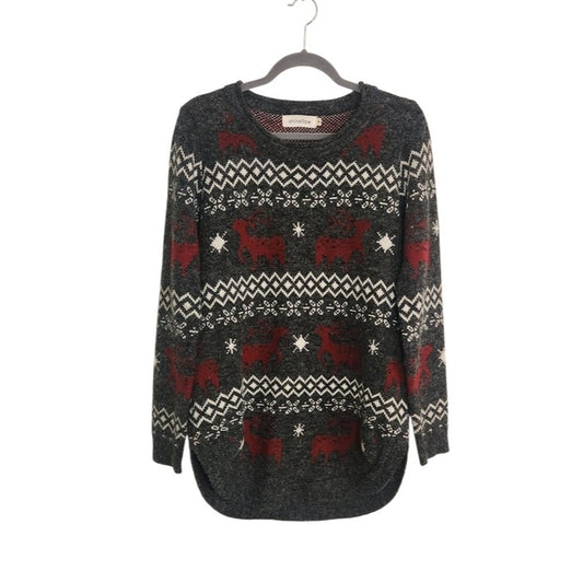Shineflow Charcoal Gray and Burgundy Reindeer Fair Isle Tunic Sweater Size Small