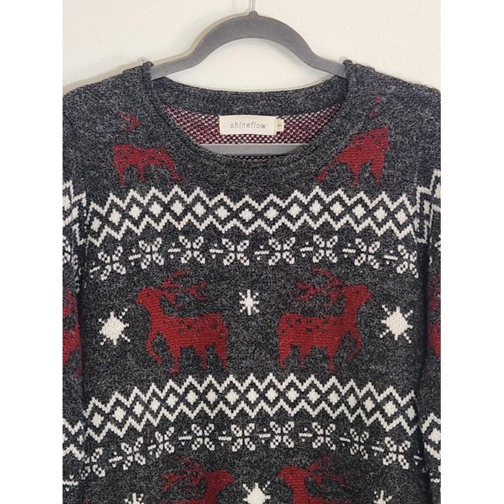 Shineflow Charcoal Gray and Burgundy Reindeer Fair Isle Tunic Sweater Size Small