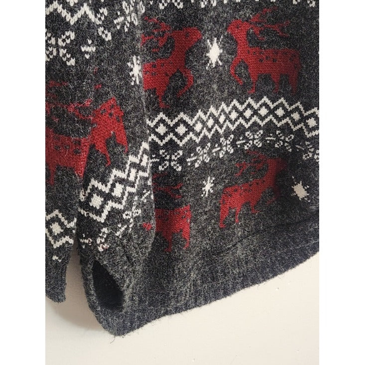 Shineflow Charcoal Gray and Burgundy Reindeer Fair Isle Tunic Sweater Size Small