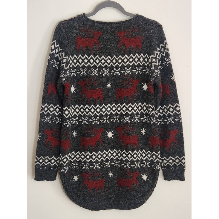Shineflow Charcoal Gray and Burgundy Reindeer Fair Isle Tunic Sweater Size Small