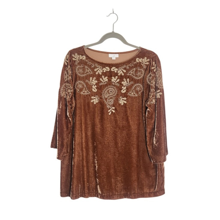 J. Jill Boho Brown Velvet Embroidered Tunic Top Size 6