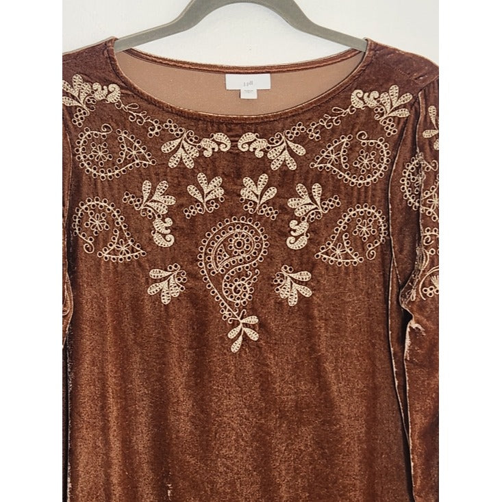 J. Jill Boho Brown Velvet Embroidered Tunic Top Size 6
