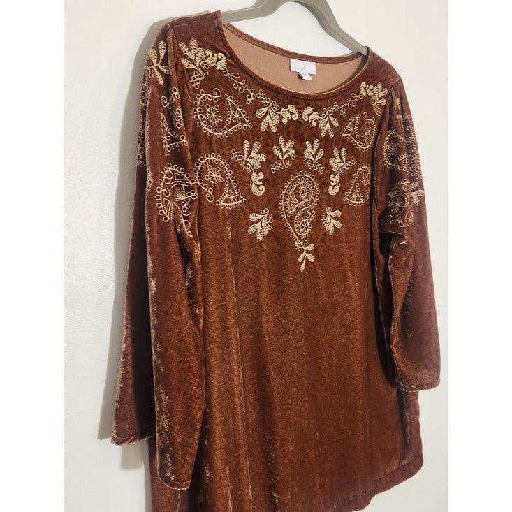 J. Jill Boho Brown Velvet Embroidered Tunic Top Size 6