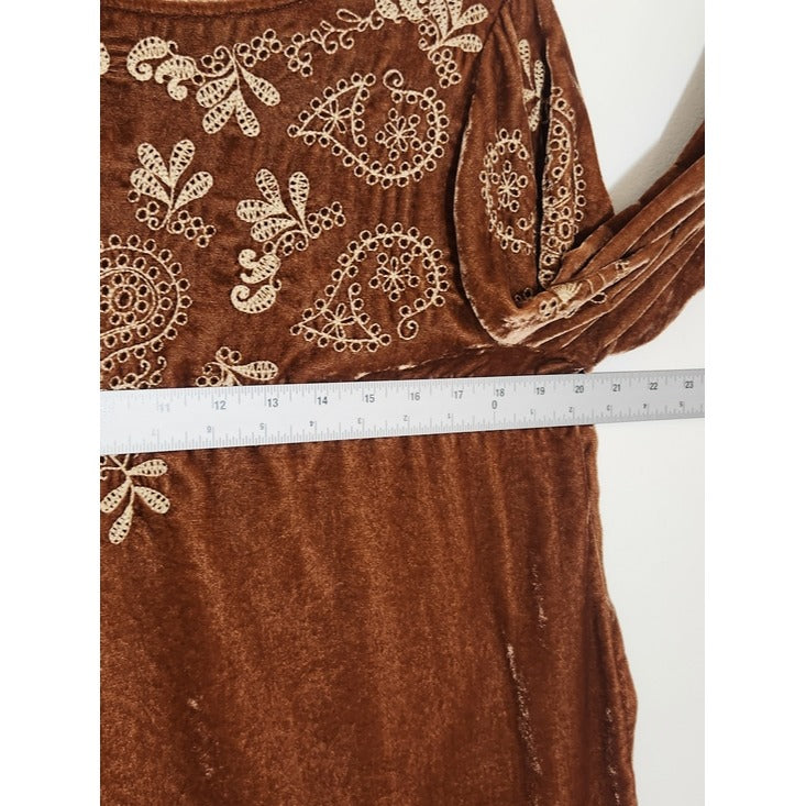 J. Jill Boho Brown Velvet Embroidered Tunic Top Size 6