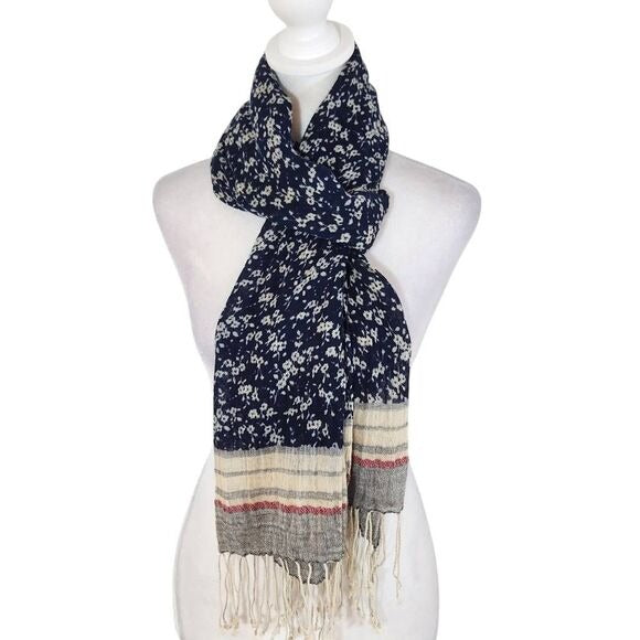 Navy, Red, and Cream Boho Floral Scarf with Fringe