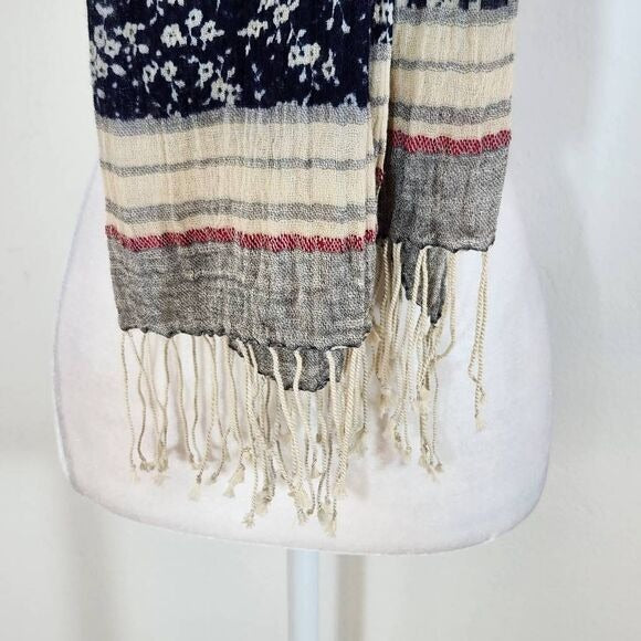 Navy, Red, and Cream Boho Floral Scarf with Fringe