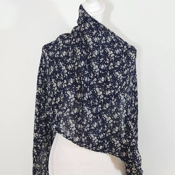 Navy, Red, and Cream Boho Floral Scarf with Fringe