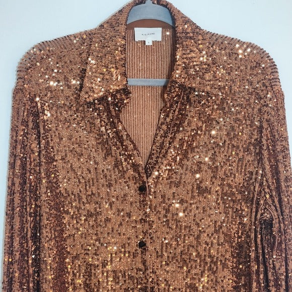 R.G. Kane Bronze Brown Sequin Button Up Blouse Size Small