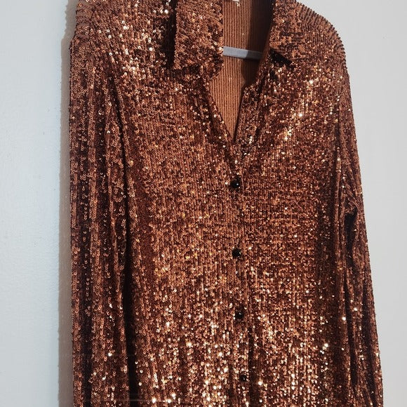 R.G. Kane Bronze Brown Sequin Button Up Blouse Size Small