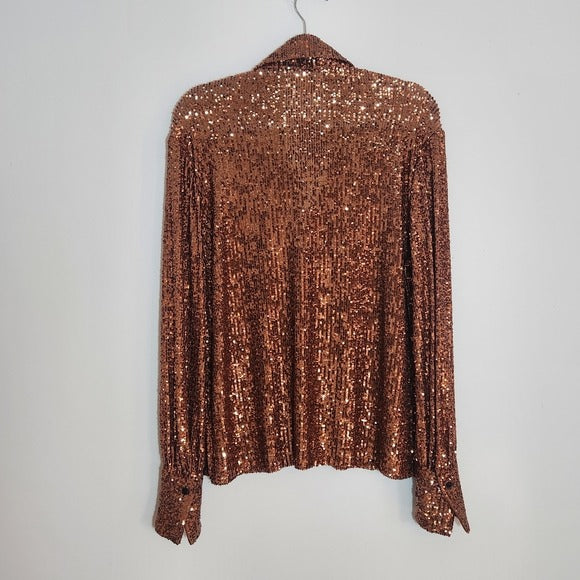 R.G. Kane Bronze Brown Sequin Button Up Blouse Size Small