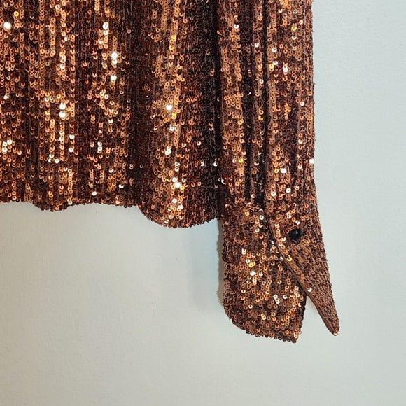 R.G. Kane Bronze Brown Sequin Button Up Blouse Size Small