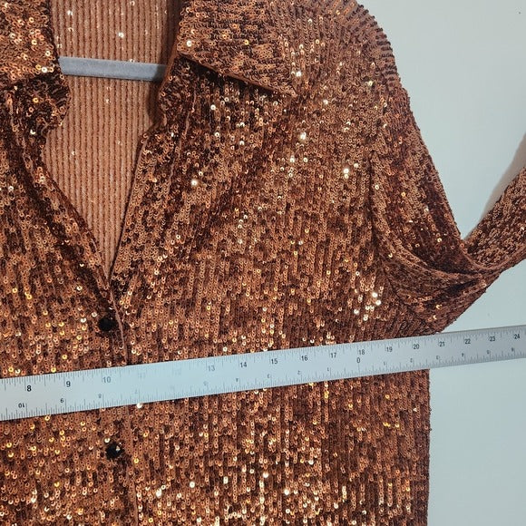 R.G. Kane Bronze Brown Sequin Button Up Blouse Size Small