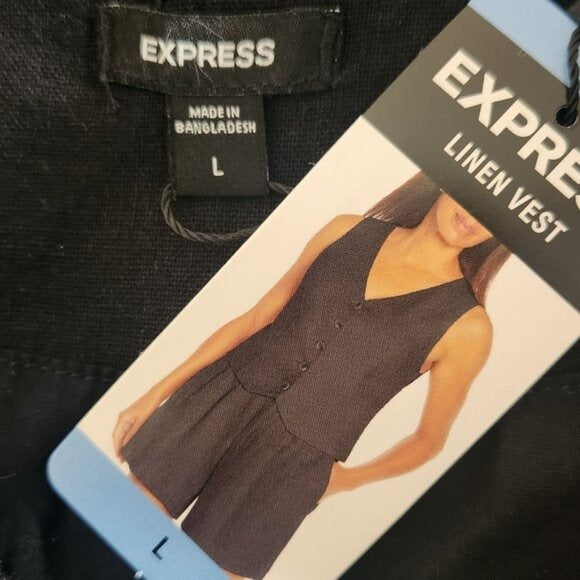 Express Black Linen Button-Up Vest Size Large NWT Linen Blend Vest
