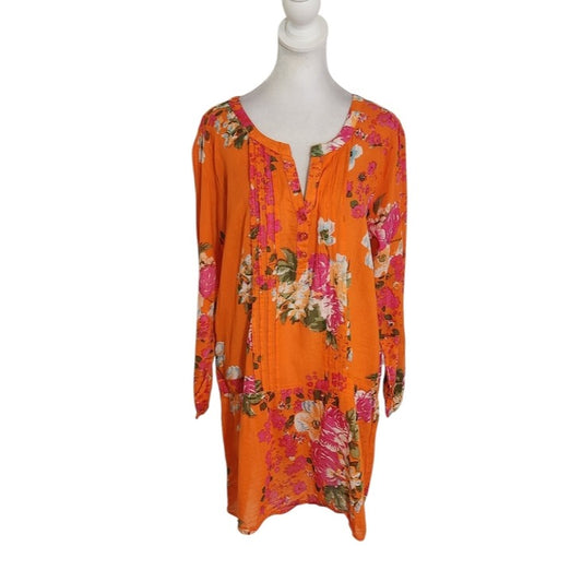 Magazine Orange Floral Sheer Cotton Tunic Size Large