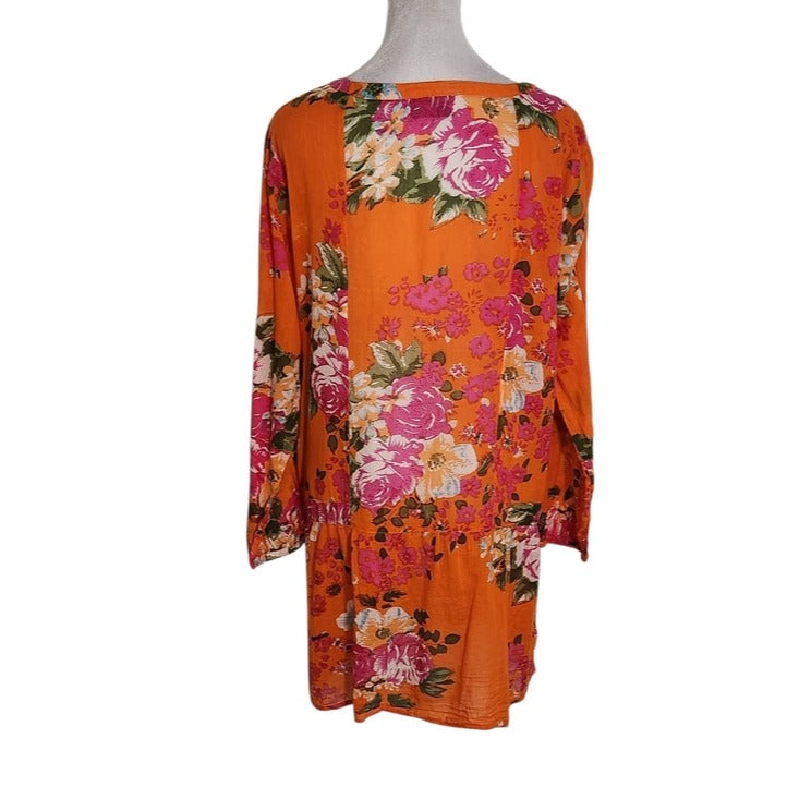 Magazine Orange Floral Sheer Cotton Tunic Size Large