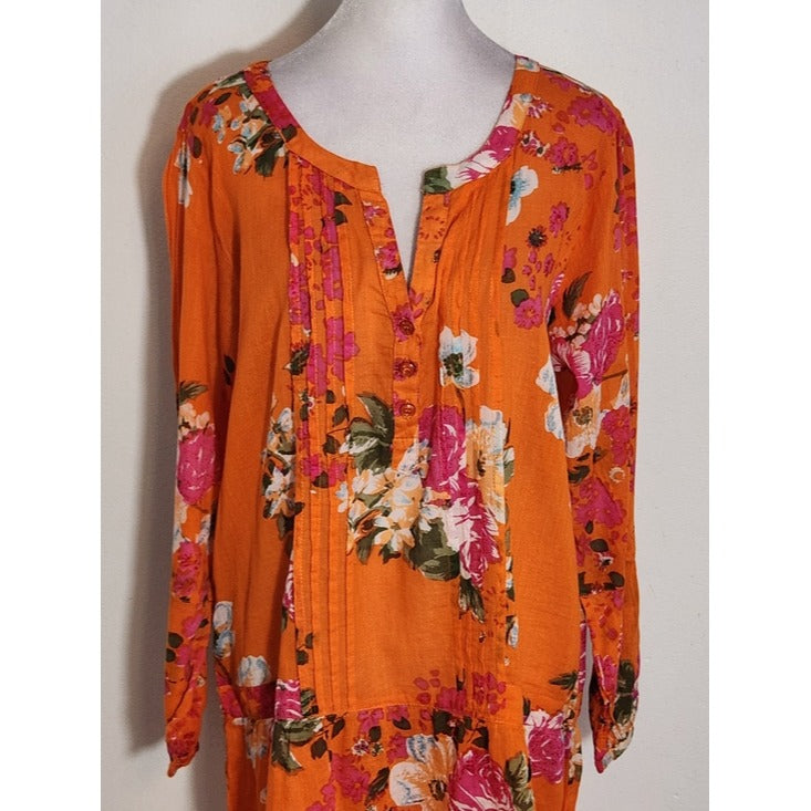 Magazine Orange Floral Sheer Cotton Tunic Size Large