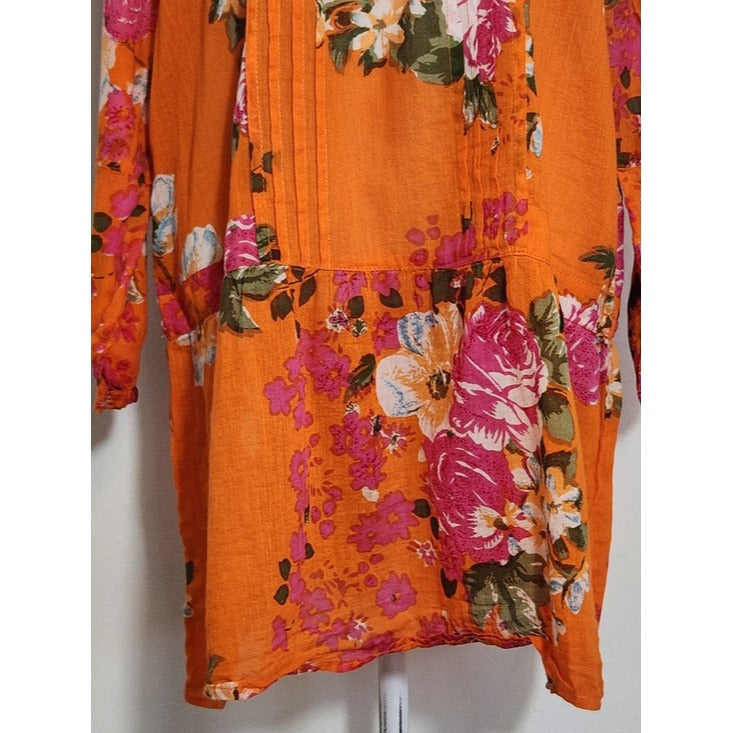 Magazine Orange Floral Sheer Cotton Tunic Size Large