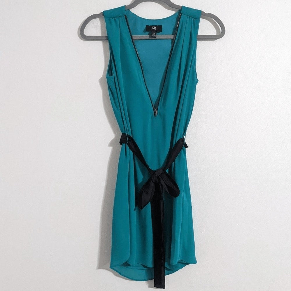 Iz Byer Turquoise Blue Mini Sheath Dress with Tie and Zipper Accent NWT Size XS