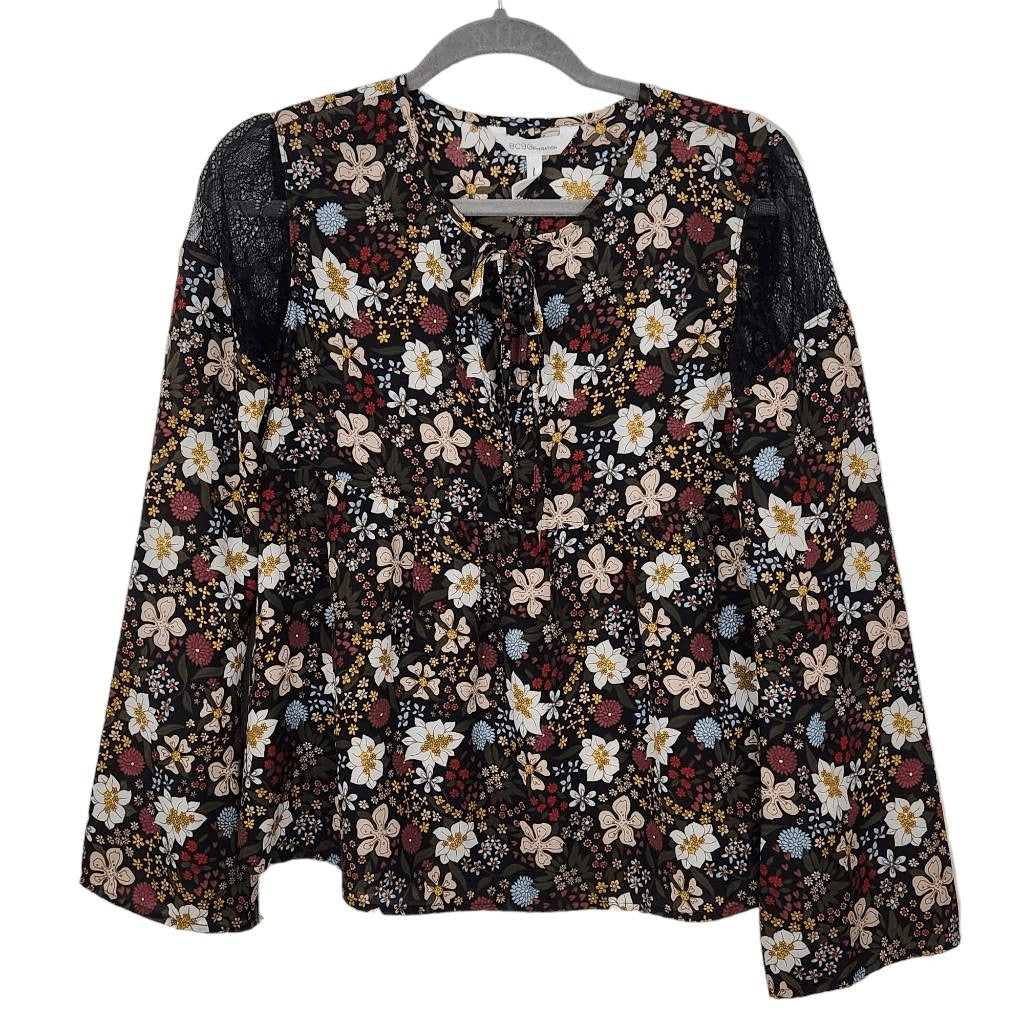 BCBGeneration Black Floral Print Blouse Size XS Floral Boho Top Lace Shoulders