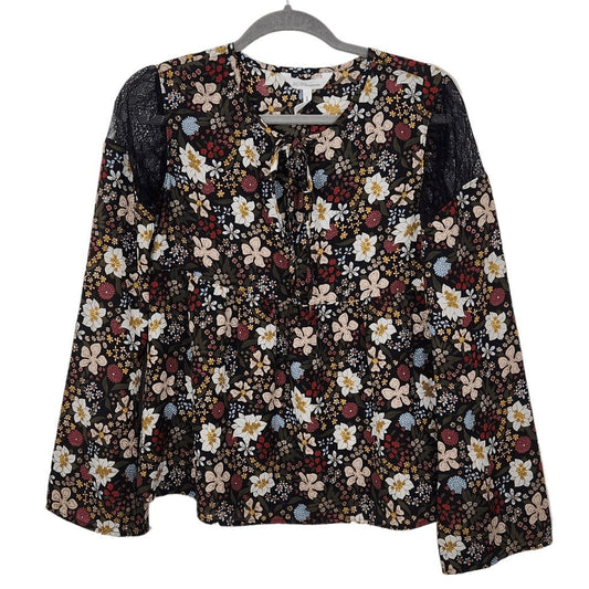 BCBGeneration Black Floral Print Blouse Size XS Floral Boho Top Lace Shoulders