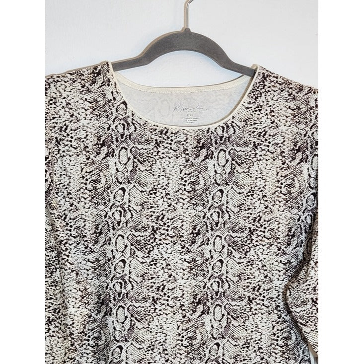 Kim Rogers Cream and Brown Snakeskin Print Tee Size Petite XL NWT
