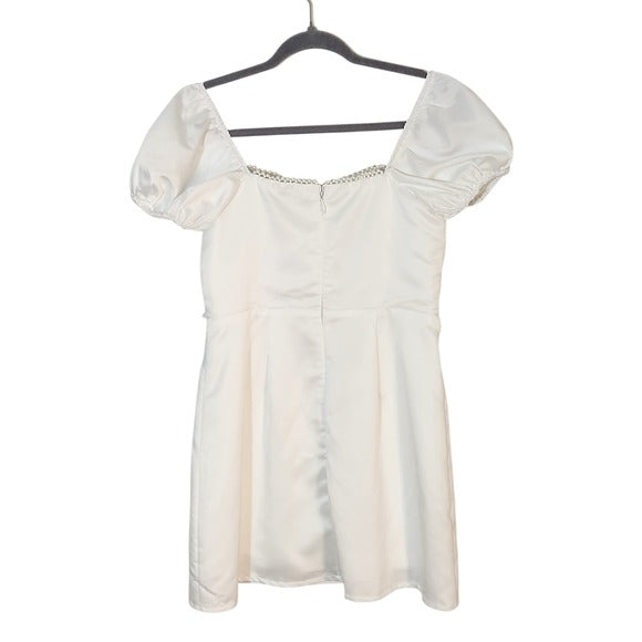 Lulus White Satin Mini Dress Size Medium Bridal Puffy Sleeve Cocktail Dress