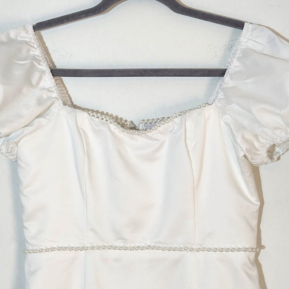 Lulus White Satin Mini Dress Size Medium Bridal Puffy Sleeve Cocktail Dress
