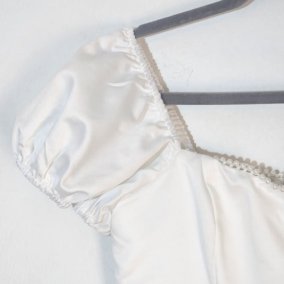 Lulus White Satin Mini Dress Size Medium Bridal Puffy Sleeve Cocktail Dress