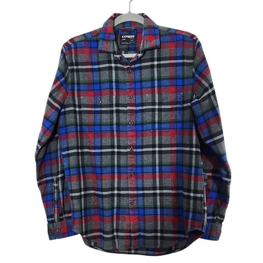 Express Gray Plaid Flannel Shirt Size Small Plaid Button-Down Flannel Shirt