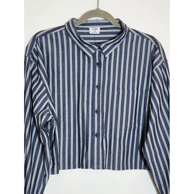Cotton On Blue Stripe Cropped Dad Shirt Size Large NWT