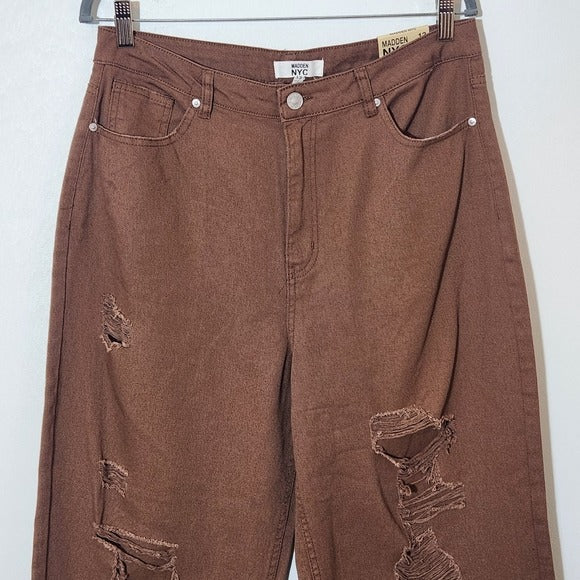 Madden NYC Wide Leg Brown Distressed Jeans NWT Size 13