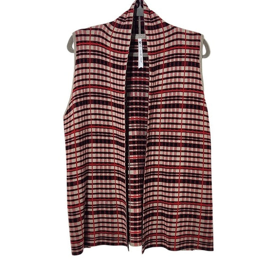 Leo & Nicole Red and Khaki Plaid Sleeveless Sweater Cardigan Size Medium Petite