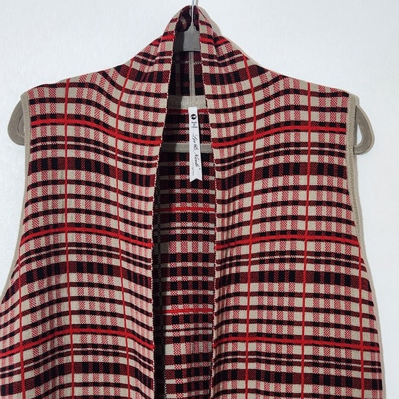 Leo & Nicole Red and Khaki Plaid Sleeveless Sweater Cardigan Size Medium Petite