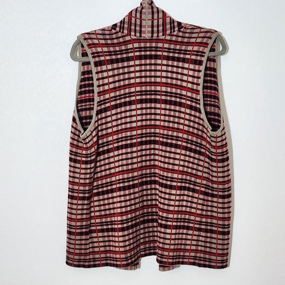 Leo & Nicole Red and Khaki Plaid Sleeveless Sweater Cardigan Size Medium Petite