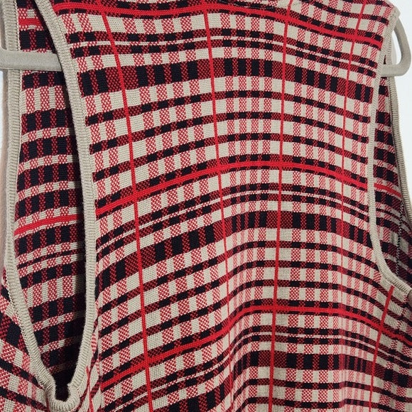 Leo & Nicole Red and Khaki Plaid Sleeveless Sweater Cardigan Size Medium Petite