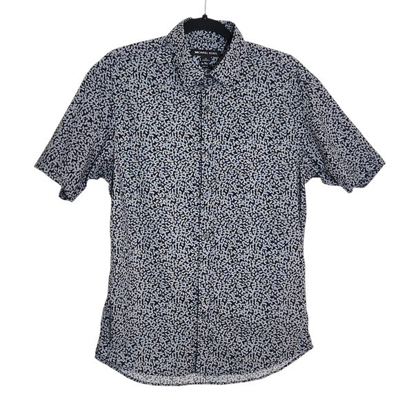 Michael Kors Mens Navy Print Slim Fit Short Sleeve Buttondown Shirt Size Medium