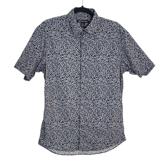 Michael Kors Mens Navy Print Slim Fit Short Sleeve Buttondown Shirt Size Medium