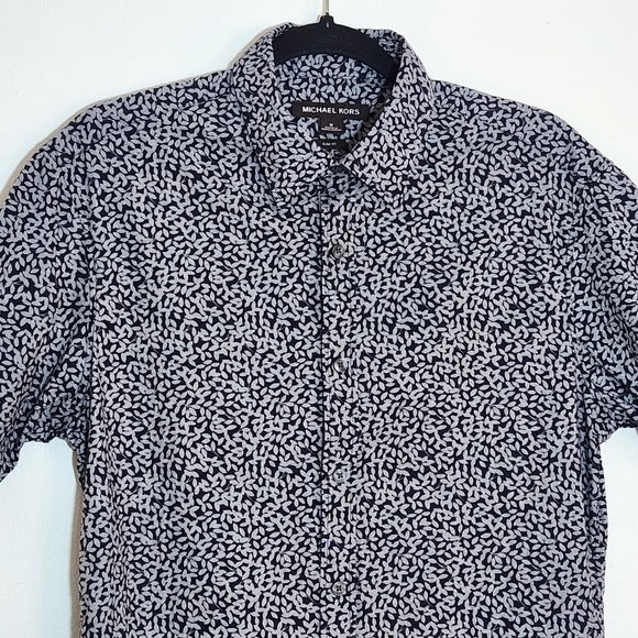 Michael Kors Mens Navy Print Slim Fit Short Sleeve Buttondown Shirt Size Medium